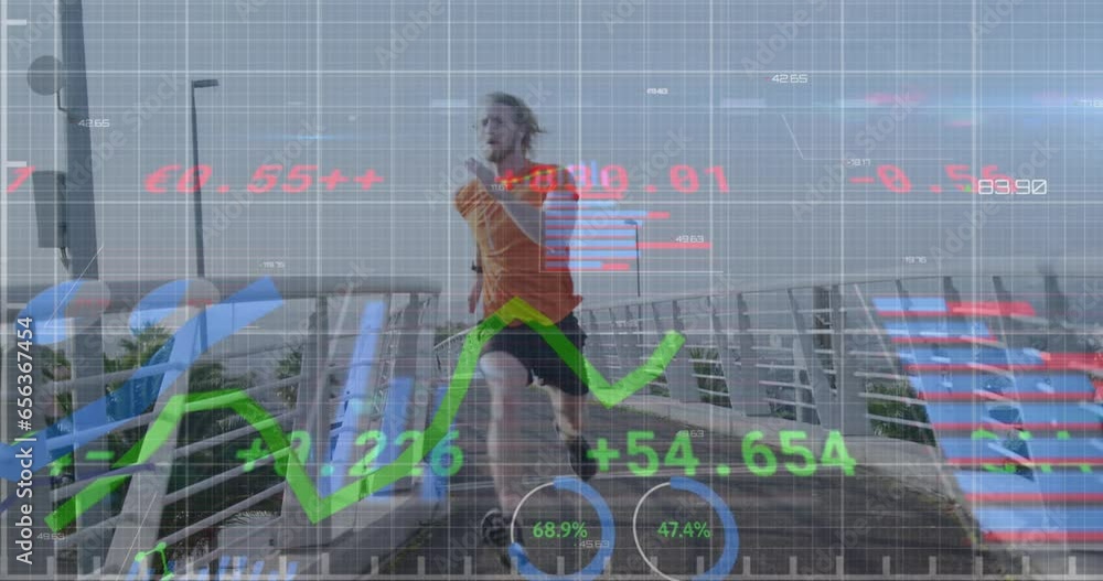 Poster animation of financial data processing over caucasian man running in city
