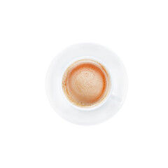 White cup and saucers with freshly prepared black coffee with cream, isolated on transparent. PGN.