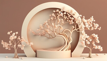 3D background, beige podium display. Sakura pink flower tree branch. 3D render. Generative Ai.