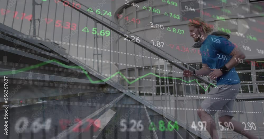 Aufkleber animation of financial data processing over caucasian man running in city