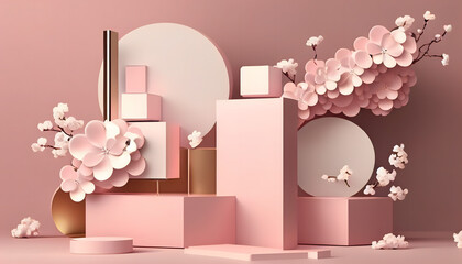 3D background, pink podium display. Sakura pink flower falling. Generative Ai.