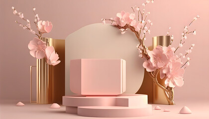 3D background, pink podium display. Sakura pink flower on pastel silk cloth. Cosmetic or beauty product promotion step floral pedestal. Abstract minimal advertise. 3D render. Generative Ai.