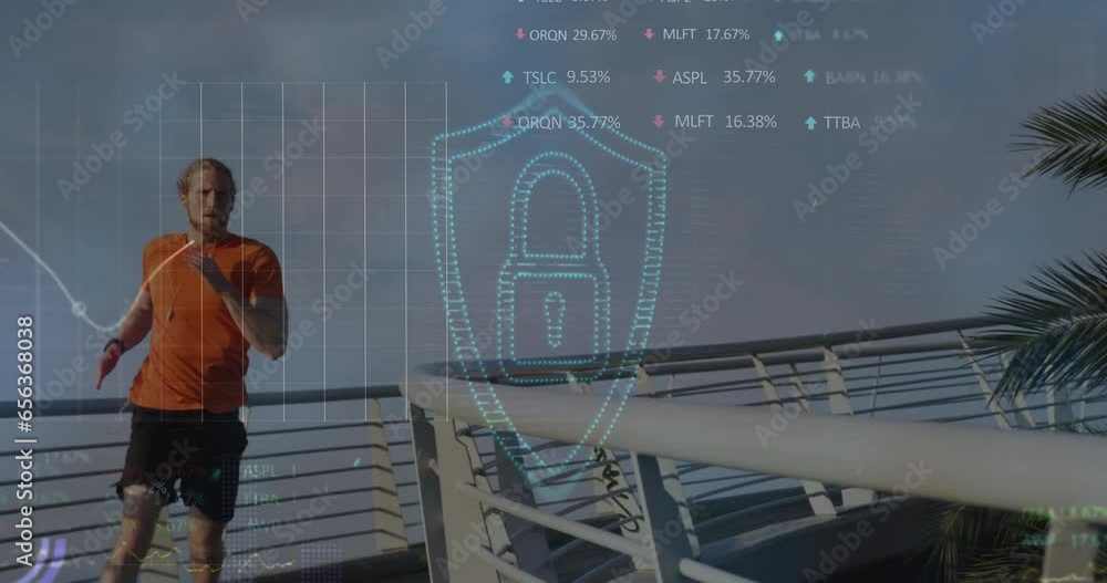 Poster animation of padlock and data processing over caucasian man running in city