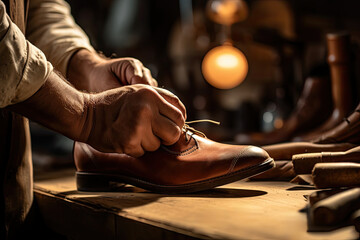 Experienced shoemaker in a modern workshop, making and repairing leather shoes with special attention to detail. - obrazy, fototapety, plakaty