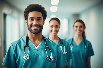 A diverse and coordinated medical team of doctors, nurses and medical professionals working together in a hospital.