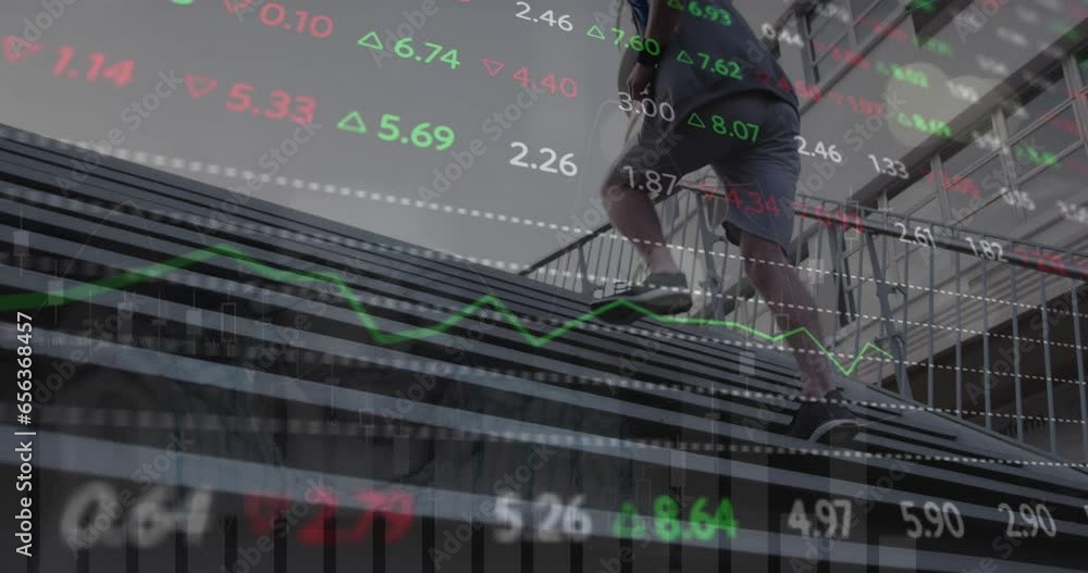 Poster animation of financial data processing over caucasian man running in city
