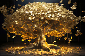 Golden tree, money tree with gold coins in a ray of light