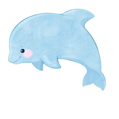 Cute Dolphin Watercolor Illustration.  Sea theme character.  Children's cartoon design.