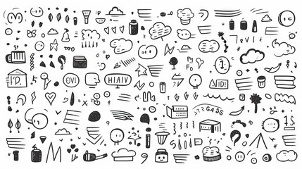 Sketch underlines, icons, emphasis, speech bubbles, arrows and shapes: hand drawn simple elements set on white background