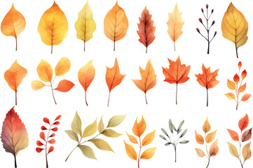 Fototapeta premium Set of watercolor clip art, autumn leaves isolated on a white background