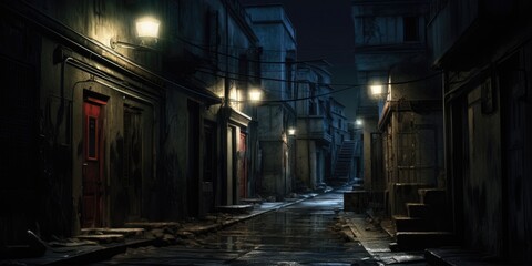 Narrow Old Alleyway with Gritty Graffiti Walls and Dim Lighting in the City. A Glimpse of Urban Architecture