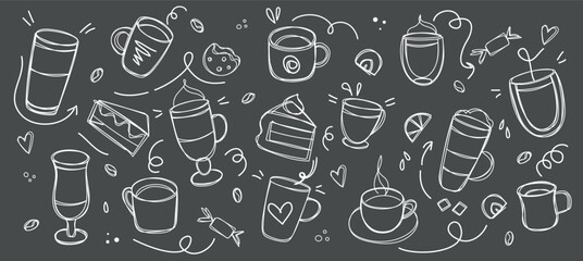Coffee and desserts in doodle style drawn with chalk on a black board. Sketch of different cups of coffee and cappuccino. Banner Art background for cafe shop, card, banner etc. - obrazy, fototapety, plakaty