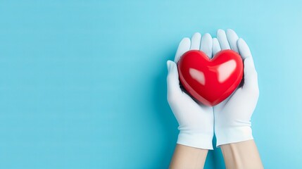 Heart disease prevention - medical gloves holding heart model on light blue background