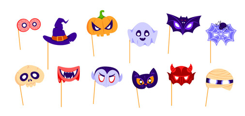 Halloween holiday photo booth masks with props. Isolated cartoon vector set of witch hat and vampire face, mummy and pumpkin. Bat, devil, skull and eyeballs. Ghost, spider with cobweb and black cat © Buch&Bee