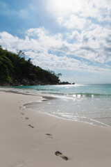 Footprints in the sand at the beach of the Seychelles.