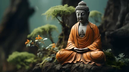 Foto op Plexiglas Buddha statue with wild forest background © Hamsyfr