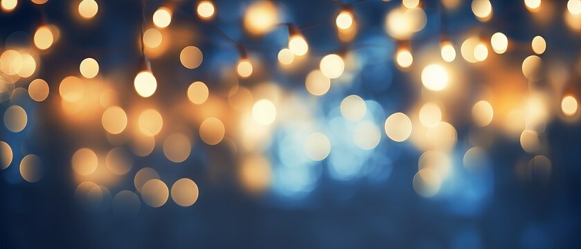 Christmas garland bokeh lights over dark blue background: holiday illumination and decoration concept