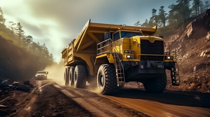 large dump truck for quarries. At the job site is a large yellow mining truck. Coal being loaded into a truck body. manufacture of valuable minerals,