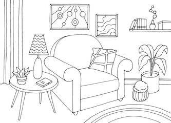 Living room graphic black white home interior sketch illustration vector 