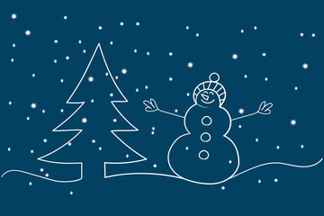 Continuous one line drawing of a Christmas tree and a snowman with a hat, on a snowy evening. Festive winter banner in one line style.