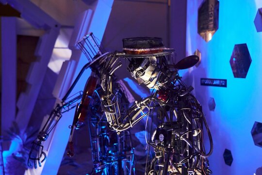 Moscow, Russia - March 24, 2023: Moscow VDNH. Exhibition of robots. A statue made of metal parts in the form of a robot
