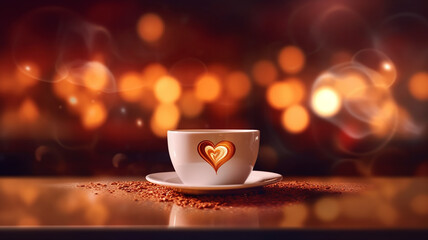 love for Viennese coffee, the shape of a heart in a cup of hot drink in a restaurant on a blurry background - obrazy, fototapety, plakaty