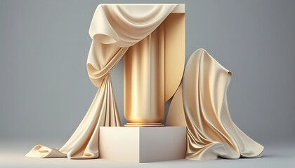 3D display podium, beige background with pedestal and flying color silk cloth curtain. Nature wind. product presentation stand. Luxury feminine mockup 3d render. Generative Ai.