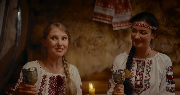 matchmaking ceremony in Slavic culture, historical reenactment, portrait of two women, 4K, Prores