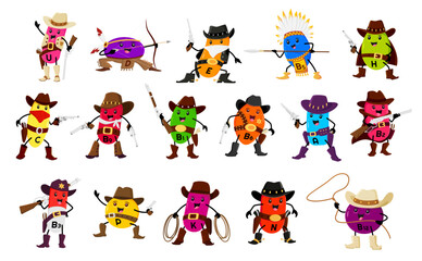 Cartoon vitamin ranger, cowboy, sheriff, Indian and robber characters, vector kids mascots. Funny cute vitamins as Western ranger, Indian chief, saloon cowboy or bandit robber with rifle gun and lasso