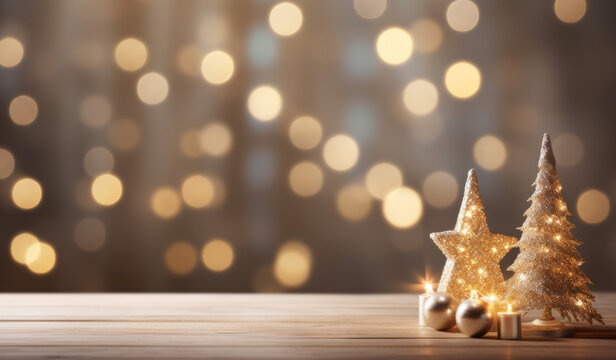 Empty wood table top with blur Christmas decorations with bokeh light background
