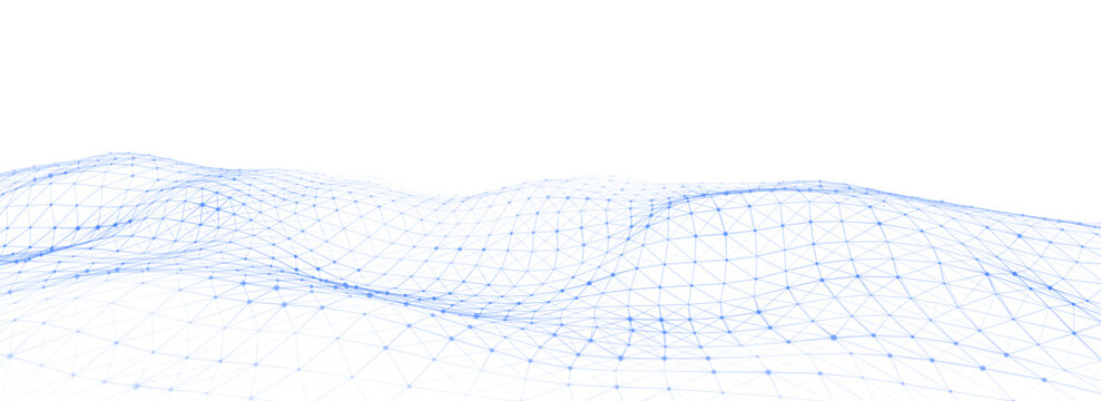 Abstract technology wave of particles. Big data visualization. Vector background with motion dots and lines. Artificial intelligence.