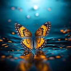 Fototapeta na wymiar Butterfly in the water on a blue background. 3d rendering