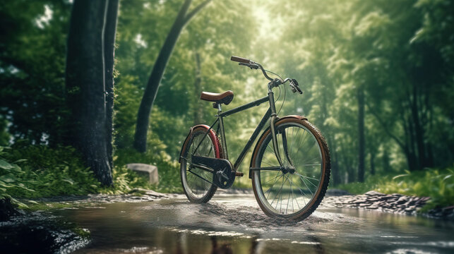 Bycicle in forest. Generative AI