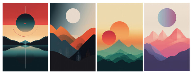 Vector set of abstract landscape backgrounds with mountains, sun and clouds.