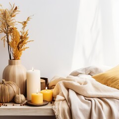 Fototapeta na wymiar Bright light yellow and white cozy autumn interior decor arrangement, fall home decorations with candles and warm blanket, white wall copy space