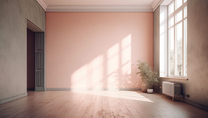 Minimalist interior room, empty wall, soft pink color and big windows