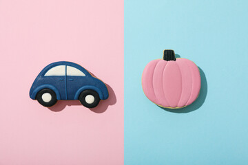 Cookies on blue and pink background, top view