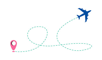 Airplane route vector icon of air plane flight path with start point and dotted line. Colorful vector illustration