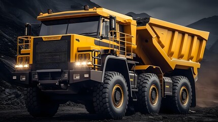 large dump truck for quarries. At the job site is a large yellow mining truck. Coal being loaded into a truck body. manufacture of valuable minerals,