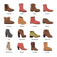Type of Shoes footwear, modern shoes, boots, sneakers and clogs. Male and female fashion shoes, casual seasonal footwear vector symbols illustrations set Collection