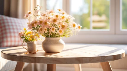 Rolgordijnen Flowers in a vase on a sunny light table © red_orange_stock