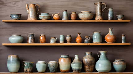 Fototapeta na wymiar Lots of handmade clay pots on a shelf on the wall
