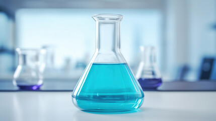 Science Beaker with blue water in the laboratory on a white table