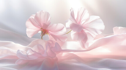 A small light pink flower on a white silk scarf