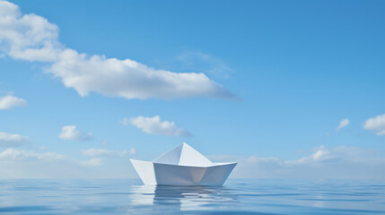 Obraz premium A white paper ship floating in the sea against a blue sky.