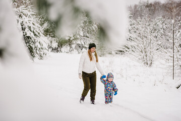 Fototapeta na wymiar Happy mom and child playing in winter park, spending holidays. Family walk in mountain country in snowy forest together. Mother holds hand little baby son having fun walking in snow nature.