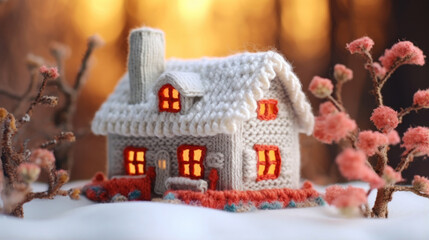 A small toy crocheted house in a winter forest