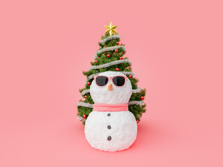 snowman in front of a christmas tree