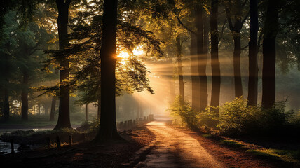 Fototapeta premium landscape morning in the autumn misty forest, the rays of sunlight at dawn shine through the fog in a panoramic view of the October park