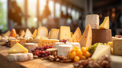 A table with different kinds of cheese and grapes